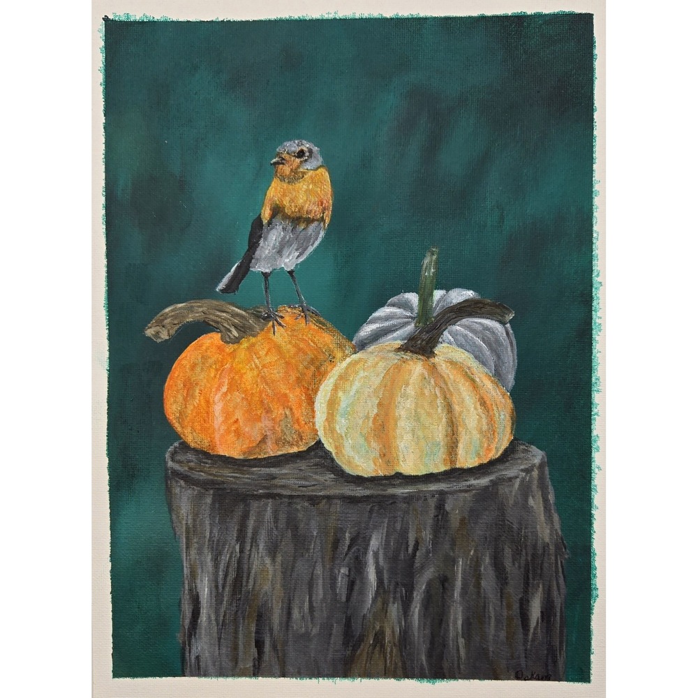 Original Acrylic Painting Bird and Pumpkins 9x12  Autumn Fall Nature Art Canvas